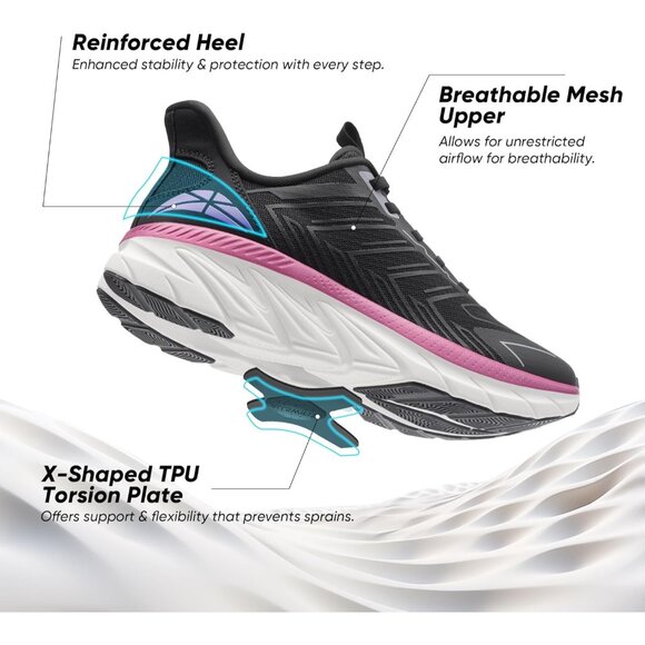 Women's Black Fuchsia Walking Shoes Comfort Breathable Non-Slip Gym Sneakers - Picture 4 of 8